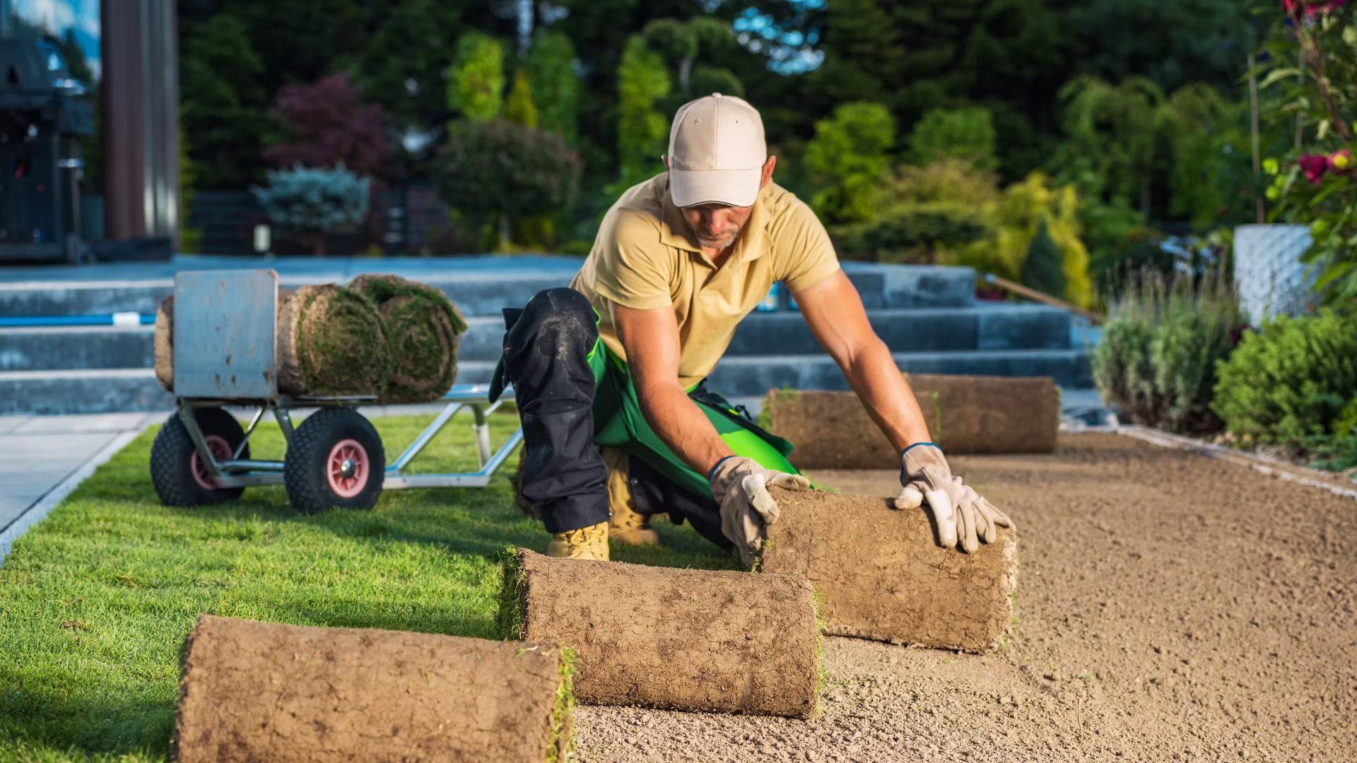 Sod being installed in yard.